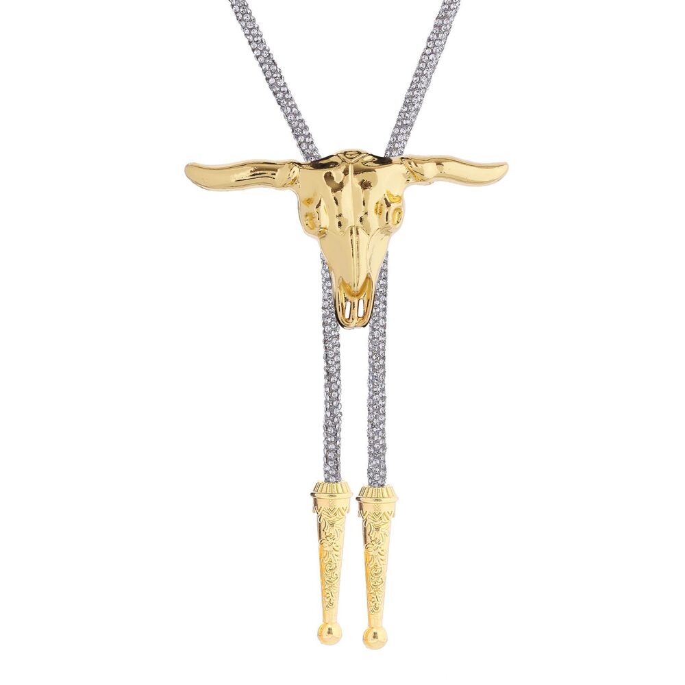9067 Gold Bolo Tie Rhinestone Western Cowboy Long Horn Bolo Tie Album Tour